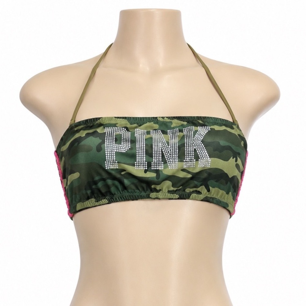 NWT‎ Victoria's Secret PINK Camo Rhinestone Bandeau Bikini Top Green Pink Medium